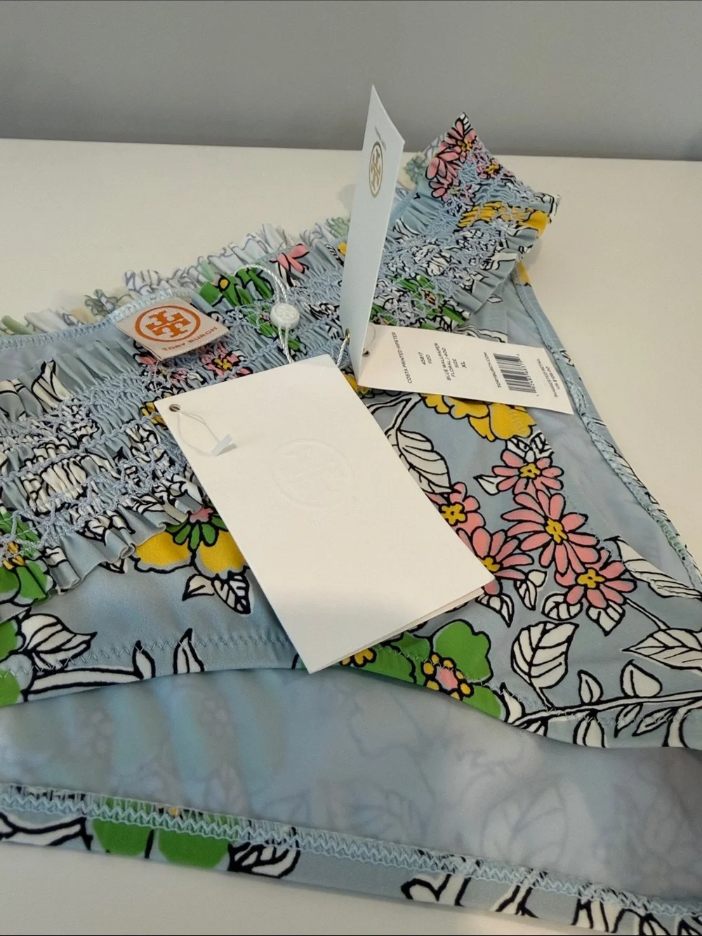 Tory Burch Light Blue Costa Floral Smocked Hipster Bikini Bottom